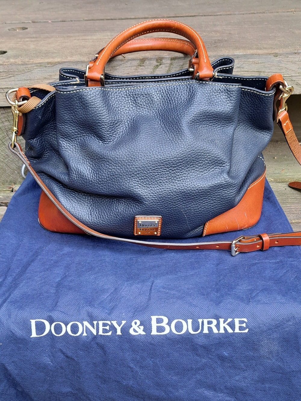 Dooney & Bourke Navy and Tan Pebbled Leather Satchel